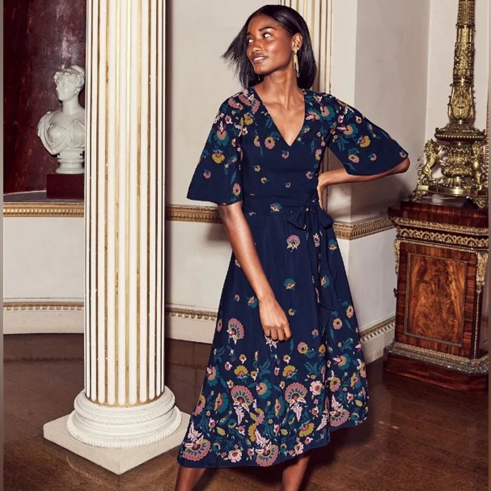 BODEN Emilie V Neck Midi Dress Navy Blue Flourish Pink Floral Size US 8R UK12R